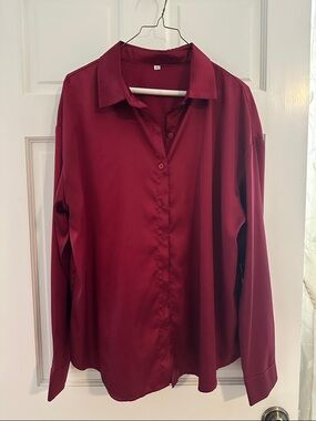Burgundy red satin charmeuse button-down blouse, long-sleeves, XL
